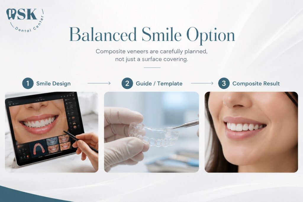 ขั้นตอนการทำคอมโพสิตวีเนียร์ (Composite Veneers) ออกแบบรอยยิ้มเฉพาะบุคคล Balanced Smile Option โดยคลินิกทันตกรรมพีเอสเค - PSK Dental Center มี 3 ขั้นตอนคือ Smile Design, Guide/Template และผลลัพธ์ Composite Result