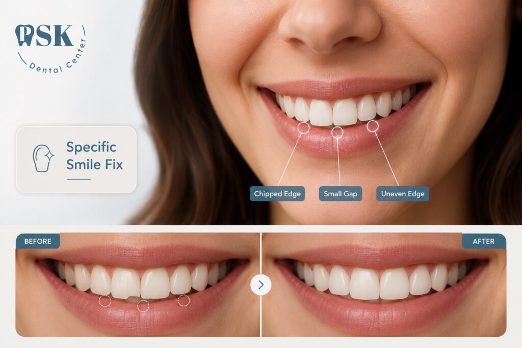 กราฟิกโปรแกรม Specific Smile Fix ของ คลินิกทันตกรรมพีเอสเค | PSK Dental Center แสดงภาพ Before/After การทำวีเนียร์เพื่อปิดช่องว่างฟัน (Small Gap) และแก้ฟันบิ่น (Chipped Edge)