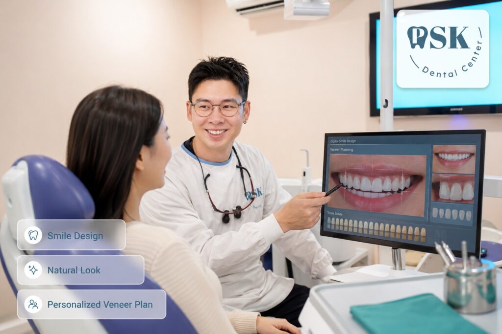 ทันตแพทย์ คลินิกทันตกรรมพีเอสเค (PSK Dental Center) กำลังอธิบายแผนการรักษาและออกแบบรอยยิ้ม (Digital Smile Design) สำหรับการทำวีเนียร์ (Veneer Plan) ให้ดูเป็นธรรมชาติ (Natural Look) แก่คนไข้ผ่านหน้าจอคอมพิวเตอร์