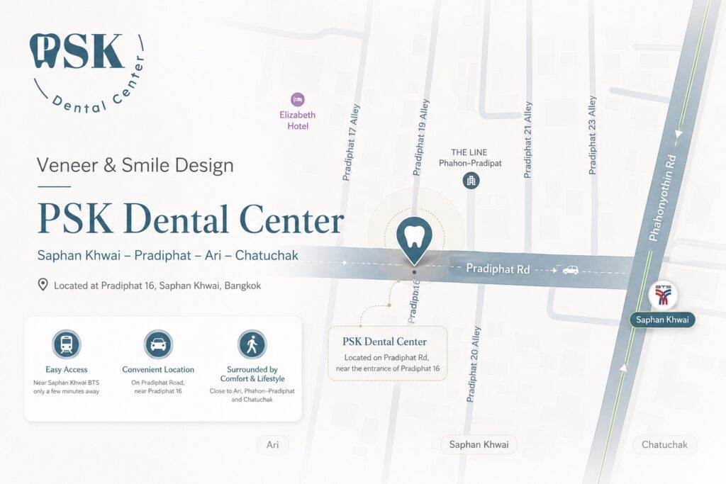แผนที่การเดินทางไปทำวีเนียร์ ออกแบบรอยยิ้ม Veneer & Smile Design ที่ คลินิกทันตกรรมพีเอสเค (PSK Dental Center) ตั้งอยู่บนถนนประดิพัทธ์ ใกล้ BTS สะพานควาย อารีย์ จตุจักร